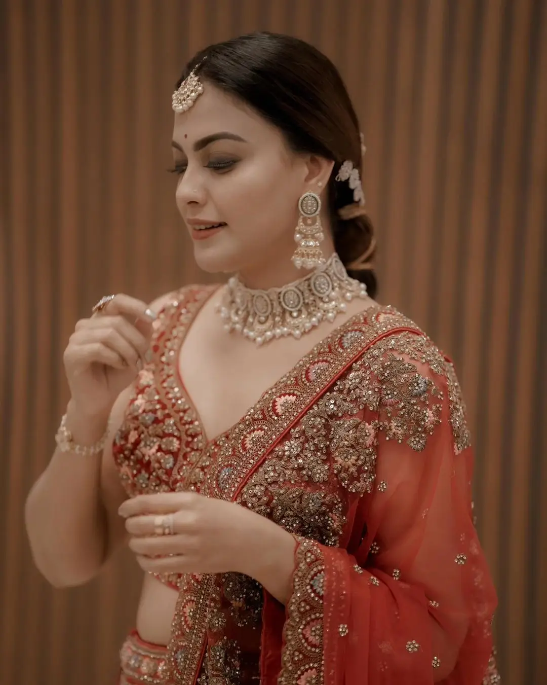 Anusree Nair Wearing Beautiful Earrings Jewellery Red Lehenga Choli